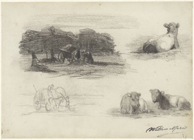 Four Sketches of Hay Wagons and Cows by Willem Maris