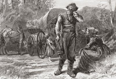 Family with covered wagon by . .