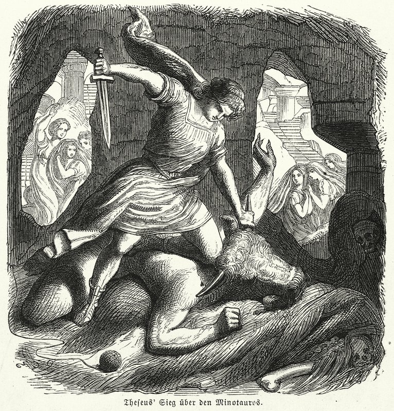 Theseus slaying the Minotaur (engraving) by (after) German School