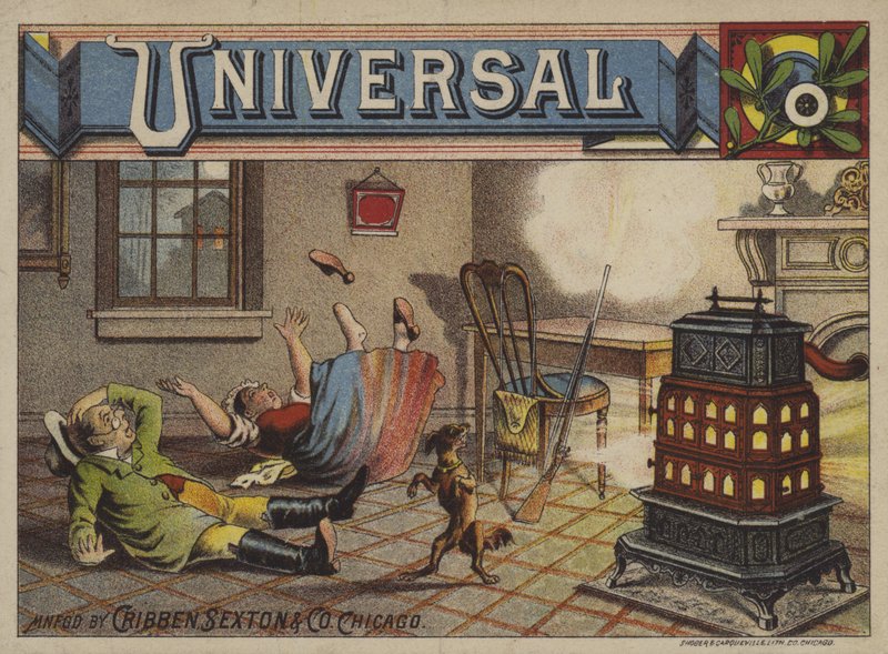 Couple and Dog Astonished by Power of Universal Stove by American School