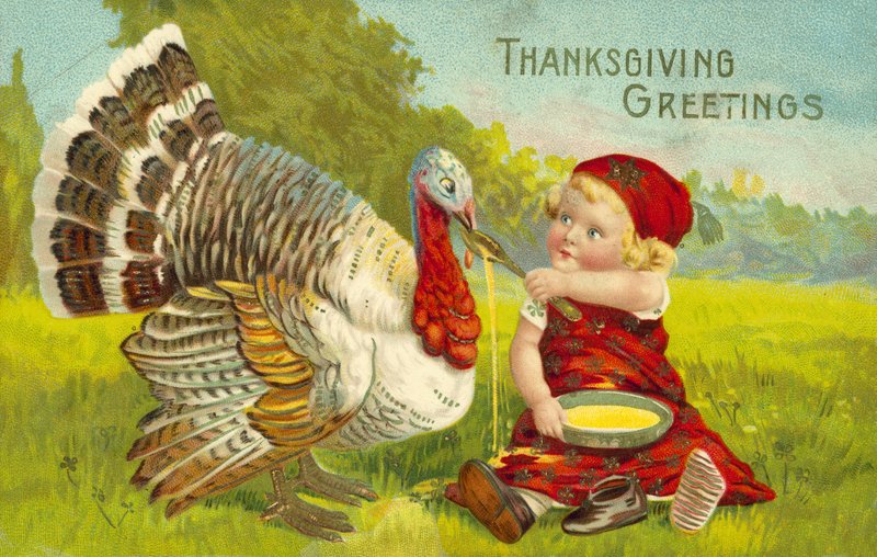 Thanksgiving Card with Little Girl and Turkey by American School