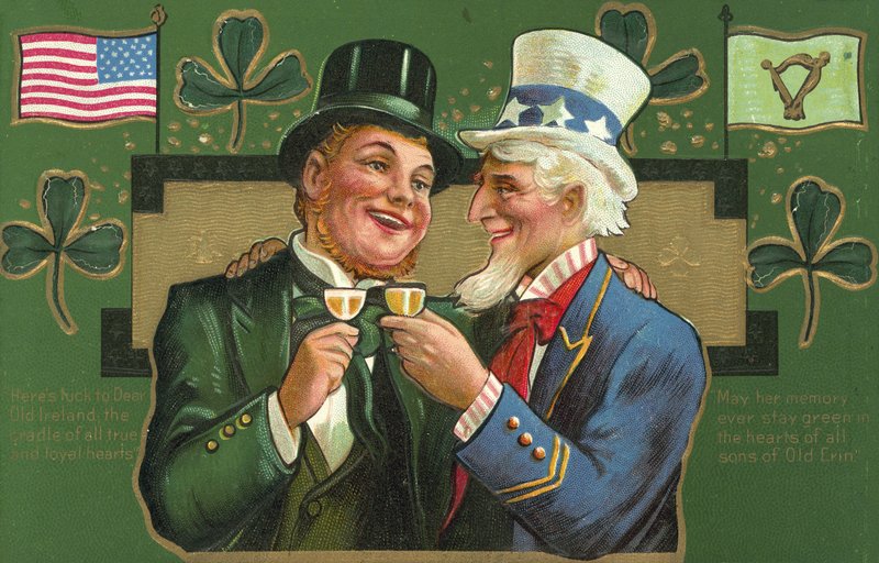 Uncle Sam and a Leprechaun Clinking Their Glasses by American School