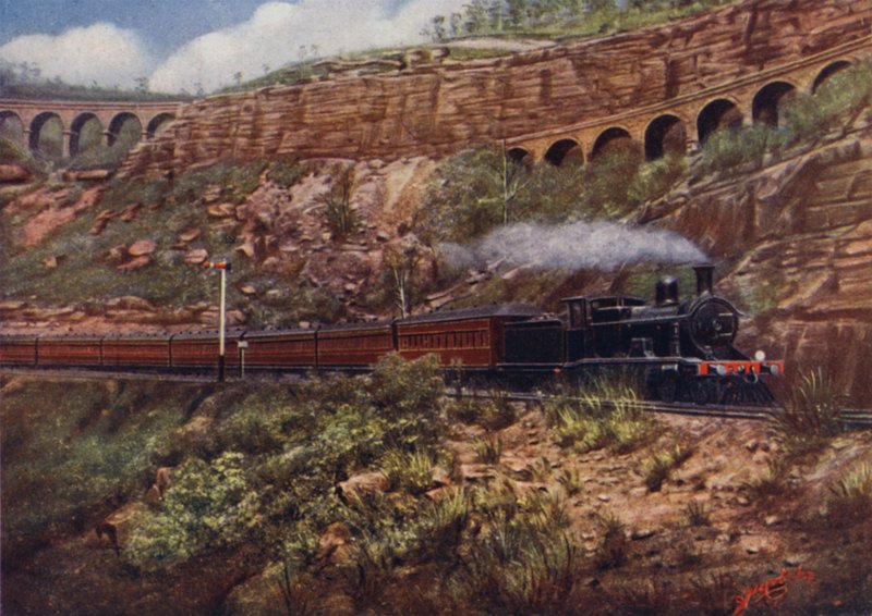 Express Train on the new line between Sydney and Bendigo, showing the old Zig-zag Viaducts by English School