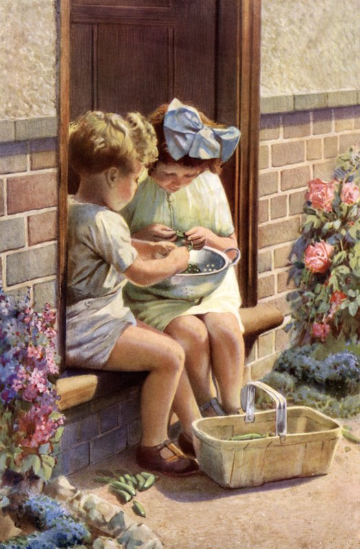 Little Boy and Girl Shelling Peas by English School