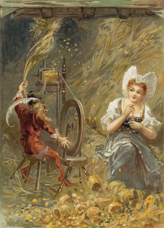 Rumpelstiltskin spinning by English School