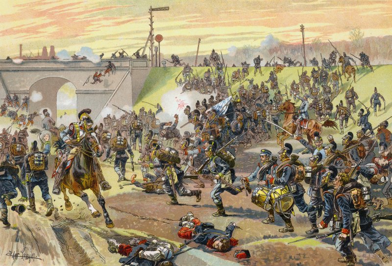 The 1st Bavarian Corps storming a railway embankment outside Orleans, Franco-Prussian War, 11 October 1870 by German School