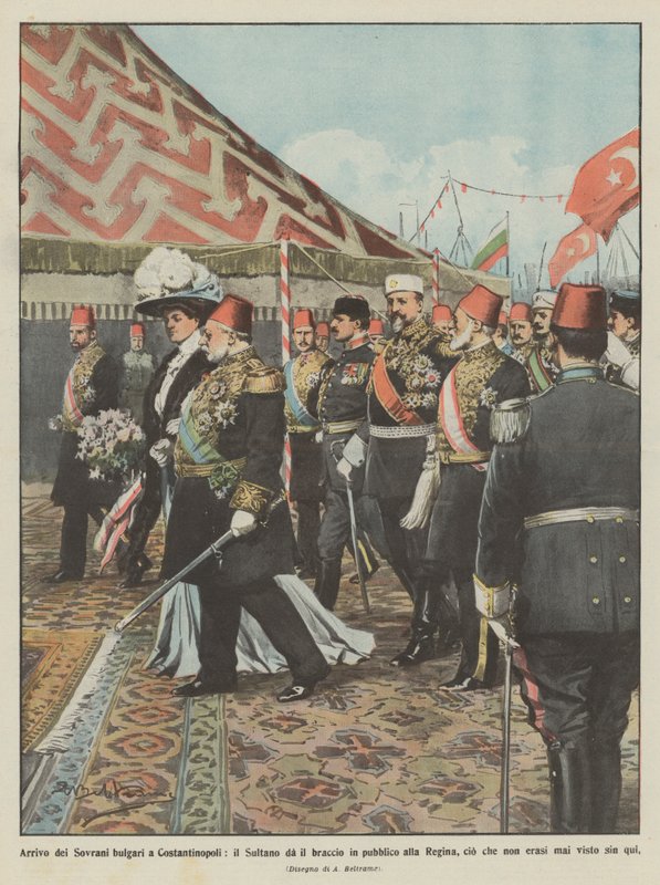 Arrival of the Bulgarian Sovereigns in Constantinople, the Sultan publicly gives his arm to the Queen by Achille Beltrame
