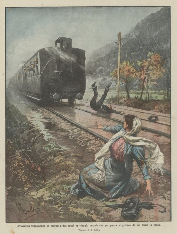 Tragicomic Travel Adventure, Newlyweds on Honeymoon Jump from a Moving Train Out of Fear by Achille Beltrame