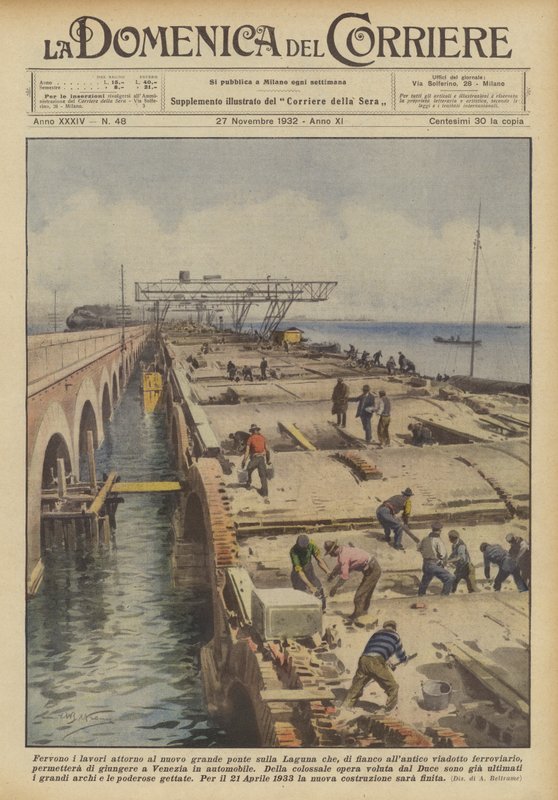 Work is Underway Around the New Great Bridge on the Lagoon, Next to the Ancient Viaduct... by Achille Beltrame