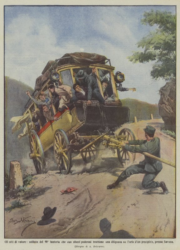 Acts of valor, soldier of the 90th infantry who with powerful efforts holds back a stagecoach by Achille Beltrame
