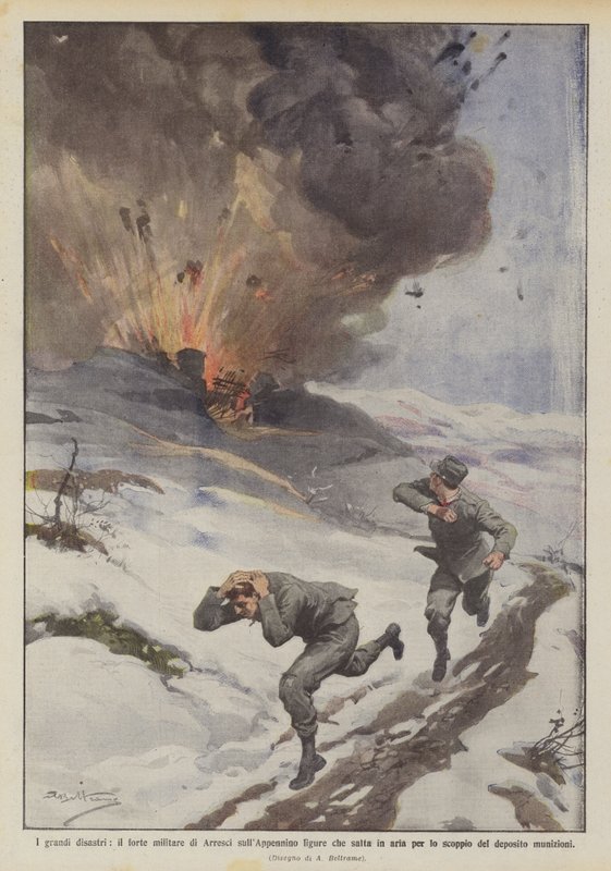The Great Disasters, the Military Fort of Arresci in the Ligurian Apennines Blows Up by Achille Beltrame