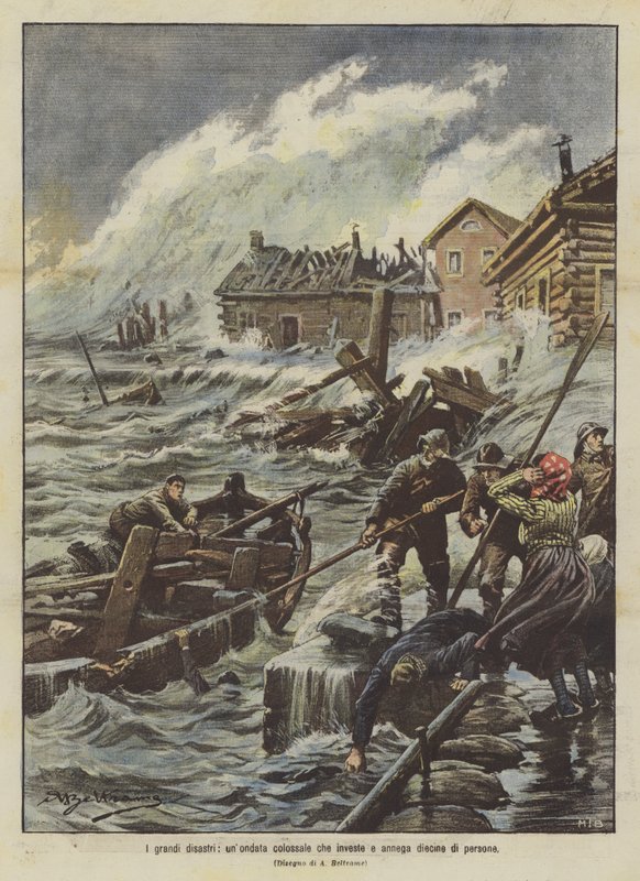 Great disasters, a colossal wave that sweeps and drowns dozens of people by Achille Beltrame