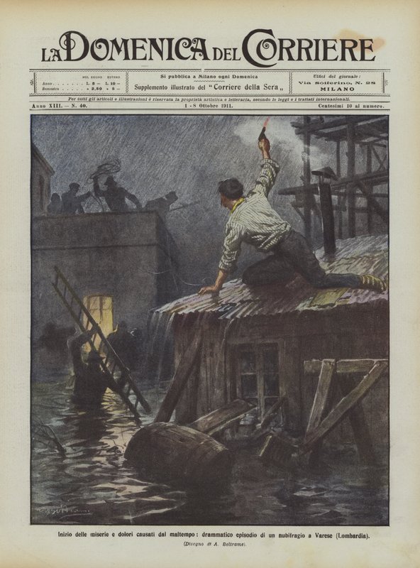Beginning of the Miseries and Sorrows Caused by Bad Weather, Dramatic Episode of a Downpour in Varese (Lombardy) by Achille Beltrame