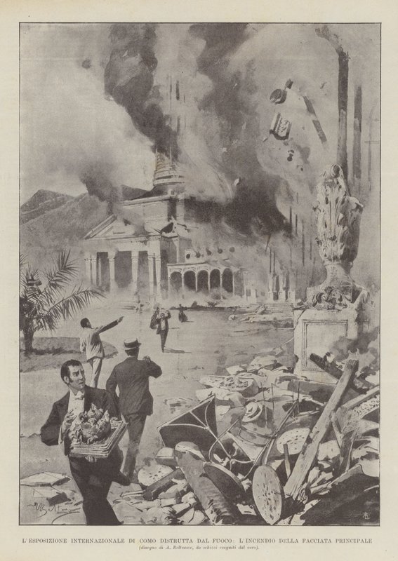 The International Exhibition of Como Destroyed by Fire, The Burning of the Main Facade by Achille Beltrame