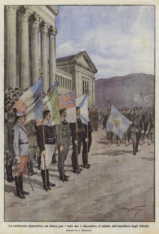 The reparative ceremony in Athens for the events of December 1st, the salute to the flags of the Allies by Achille Beltrame