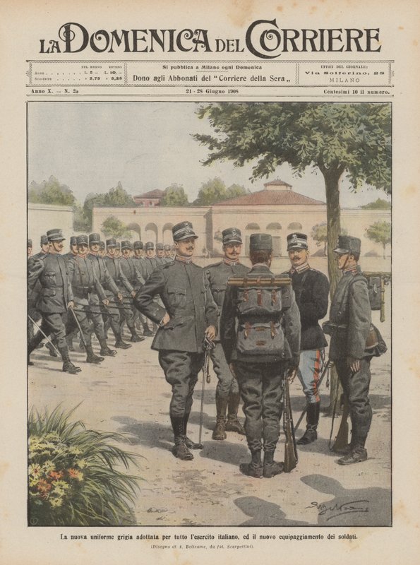 The new gray uniform adopted for the entire Italian army, and the new equipment of the soldiers by Achille Beltrame