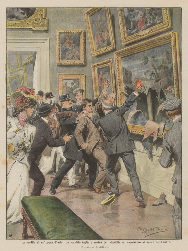 The Loss of a Work of Art, a Vandal Cuts and Ruins a Masterpiece at the Louvre Museum by Achille Beltrame
