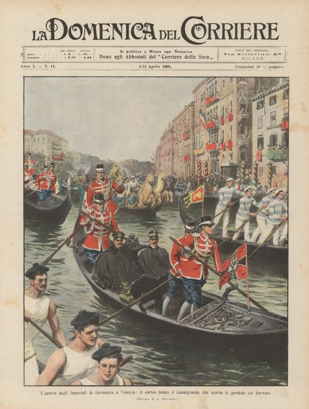 The arrival of the German Imperials in Venice, the procession along the Grand Canal escorting the gondolas with the Sovereigns by Achille Beltrame