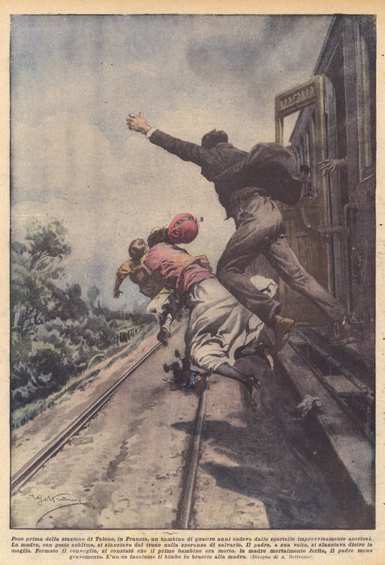 Shortly before the Toulon station, in France, a four-year-old boy fell from the door by Achille Beltrame