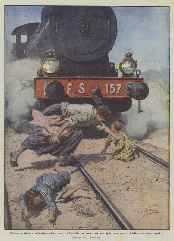 Sublime Heroism of a Humble Mother, Dies Crushed by the Train with a Daughter After Managing to Save by Achille Beltrame