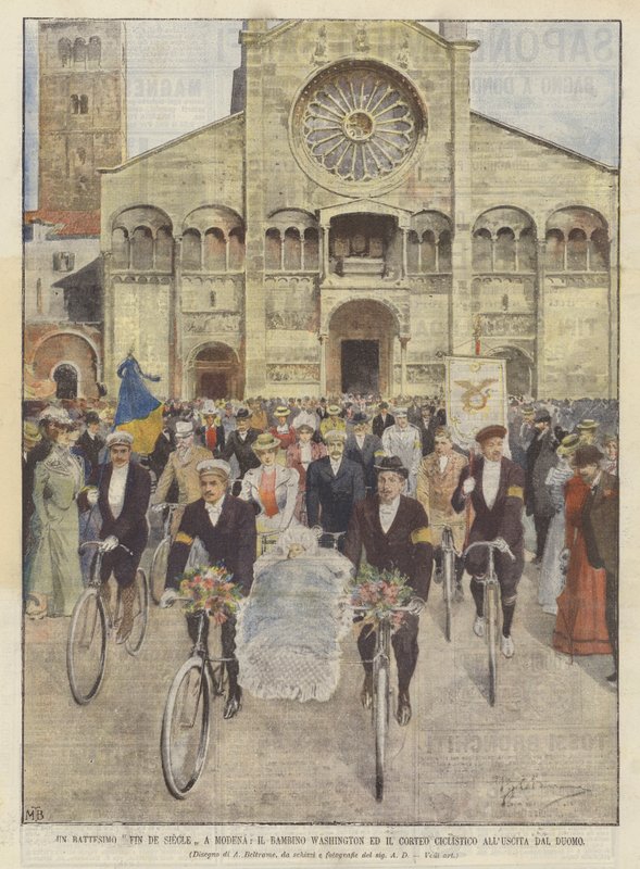 A Fin de Siècle Baptism in Modena, Baby Washington and the Cycling Procession Leaving the Cathedral by Achille Beltrame