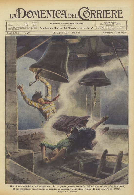 Two women struck by lightning on the bell tower by Achille Beltrame