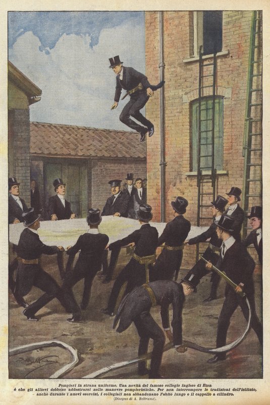 Firefighters in strange uniforms by Achille Beltrame