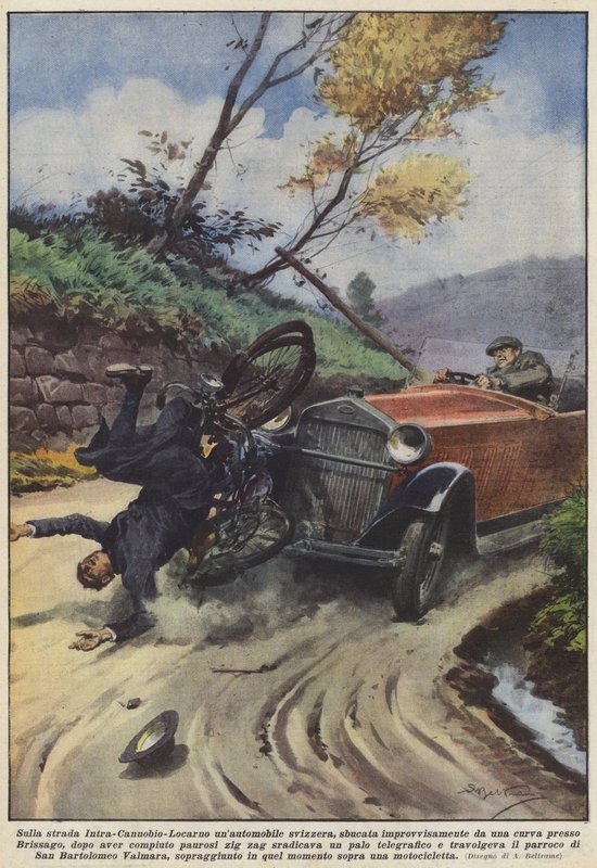 On the Intra-Cannobio-Locarno Road, a Swiss Car Suddenly Emerged from a Curve by Achille Beltrame