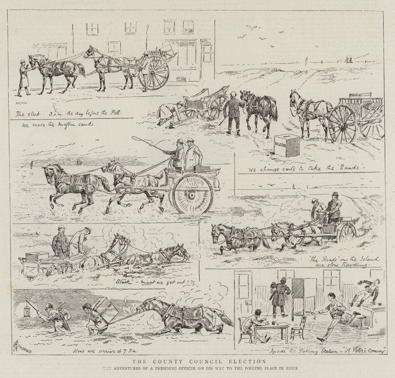 The County Council Election, the Adventures of a Presiding Officer on his Way to the Polling Place in Essex by Alfred Chantrey Corbould