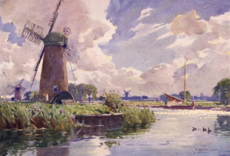 Windmills on the Thurne, Norfolk by Alfred Heaton Cooper