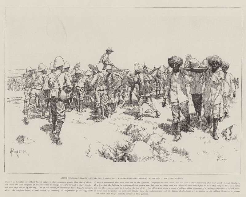 After Colenso, Troops around the Water-Cart, a Dhoolie-Bearer begging Water for a Wounded Soldier by Amedee Forestier