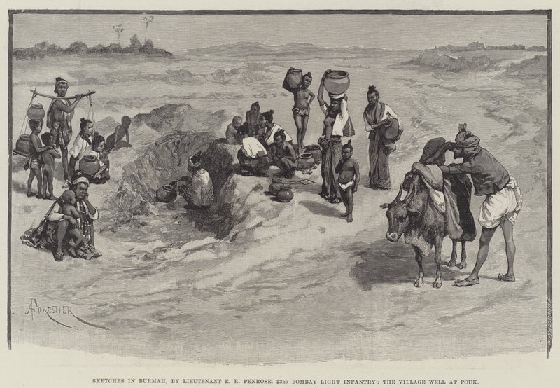 Sketches in Burmah, by Lieutenant E R Penrose, 23rd Bombay Light Infantry, the Village Well at Pouk by Amedee Forestier