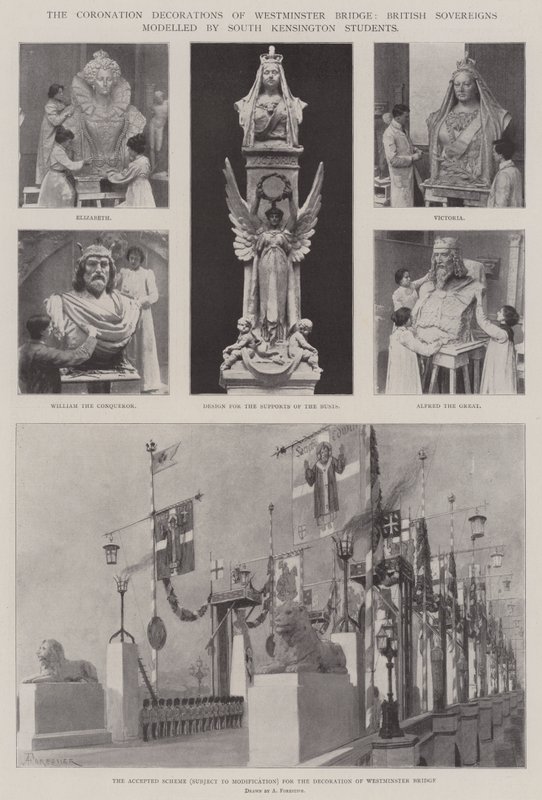 The Coronation Decorations of Westminster Bridge, British Sovereigns Modeled by South Kensington Students by Amedee Forestier
