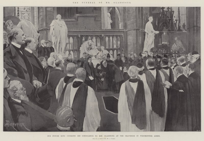 The Funeral of Mr Gladstone, our Future King offering his Condolence to Mrs Gladstone at the Graveside in Westminster Abbey by Amedee Forestier