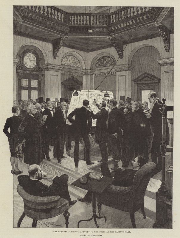 The General Election, Announcing the Polls at the Carlton Club by Amedee Forestier