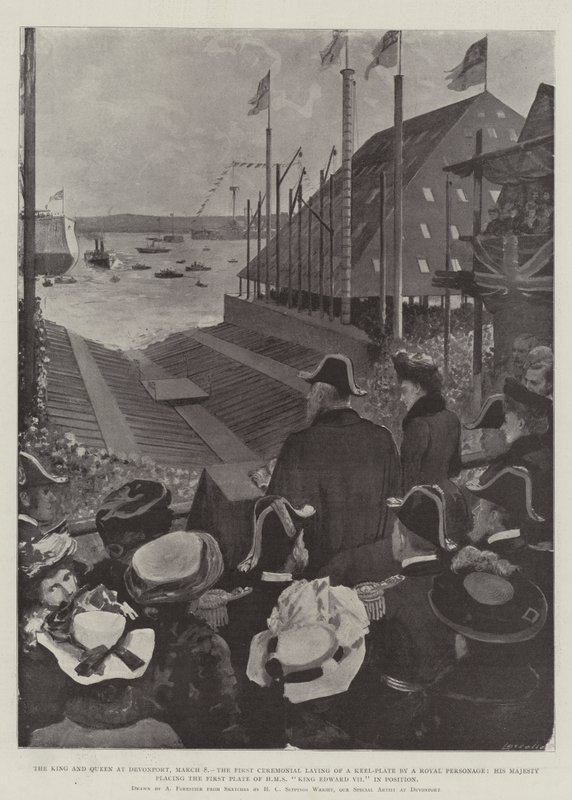 The King and Queen at Devonport, 8 March, the First Ceremonial Laying of a Keel-Plate by a Royal Personage, His Majesty Placing the First Plate of HMS King Edward VII in Position by Amedee Forestier