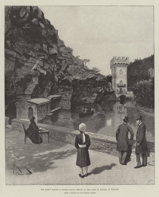 The Queen making a Water-Colour Sketch of the Lake of Maiano, in Tuscany by Amedee Forestier
