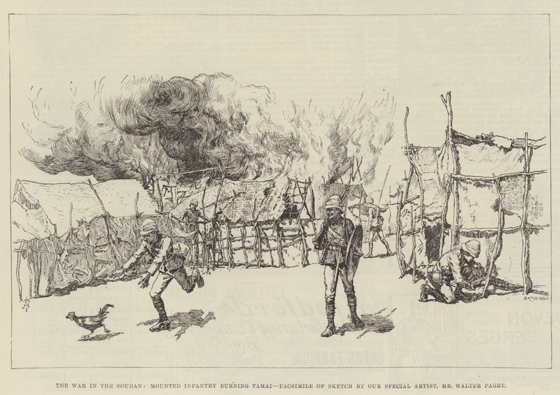 The War in the Soudan, Mounted Infantry burning Tamai by Amedee Forestier