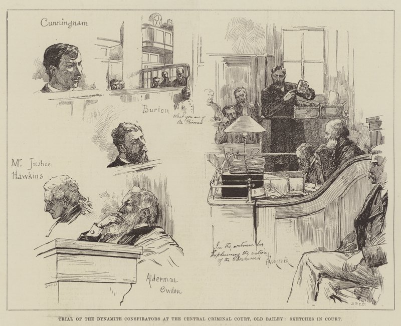 Trial of Dynamite Conspirators at the Central Criminal Court, Old Bailey, Sketches in Court by Amedee Forestier