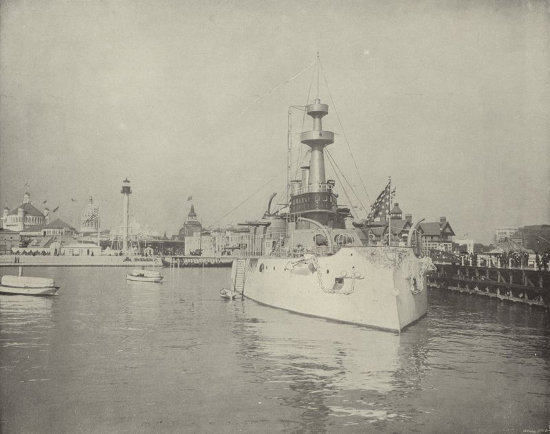 View of Life-Saving Station and Battleship by American Photographer