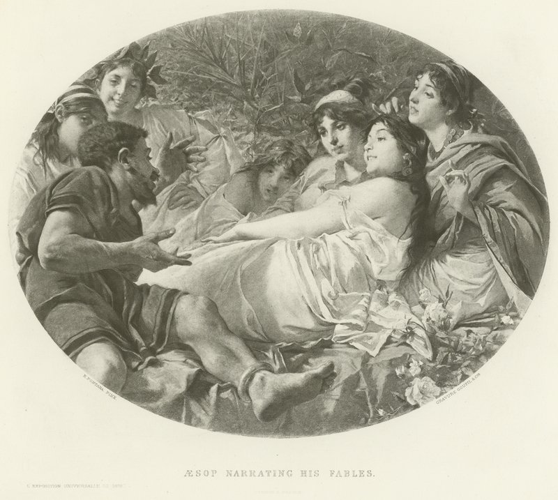 Aesop narrating his fables (engraving) by American School