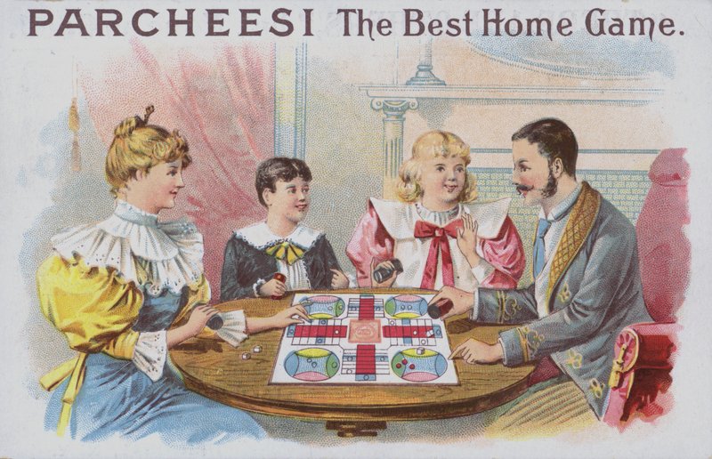 Family playing a game of Parcheesi by American School