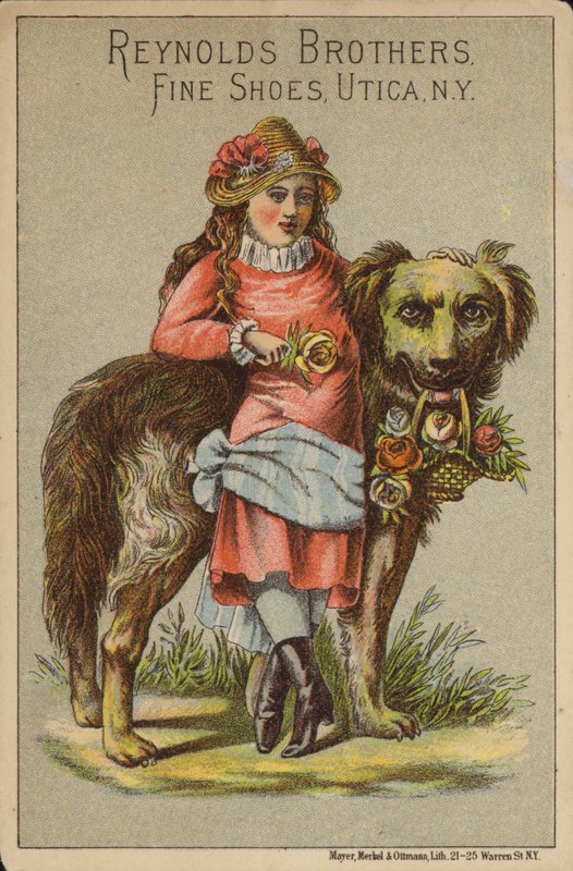Girl Leaning on Large Dog with Roses by American School