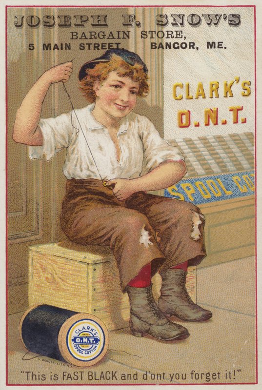 Girl Sewing Button on Trousers by American School