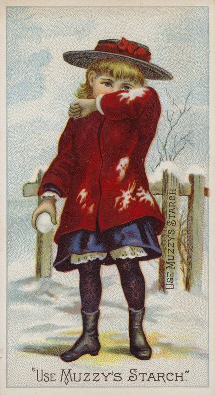 Girl with Snowball in Hand Shielding Face by American School