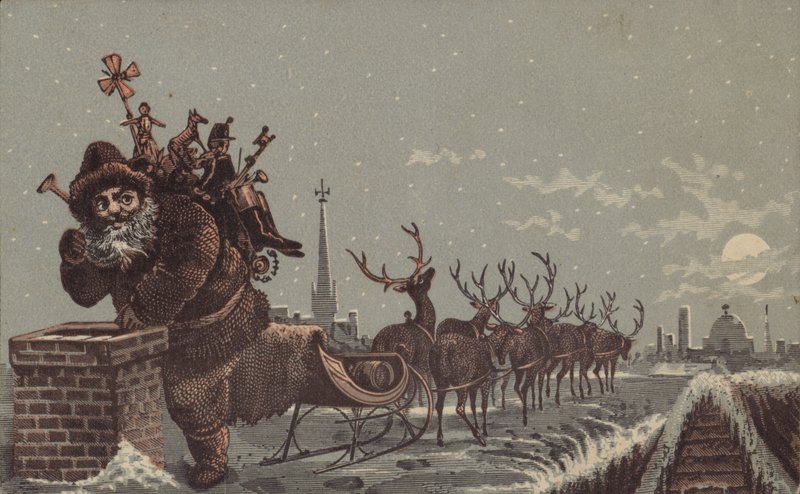 Santa and Reindeers Delivering Presents by American School