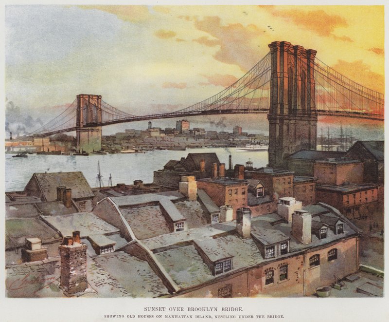 Sunset over Brooklyn Bridge by American School