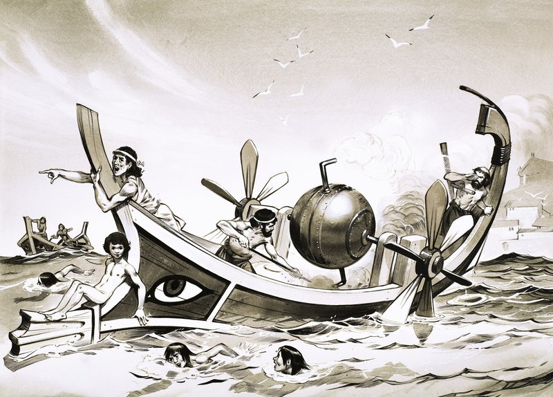 Unidentified Egyptian experimental boat with steam-powered paddles by Angus McBride