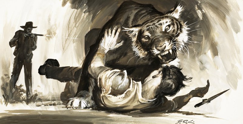 Tiger attacking a hunter by Barrie Linklater