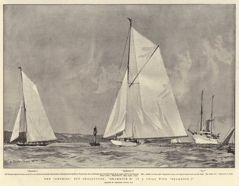 The America Cup Challenger, Shamrock II in a Trial with Shamrock I by Charles Edward Dixon